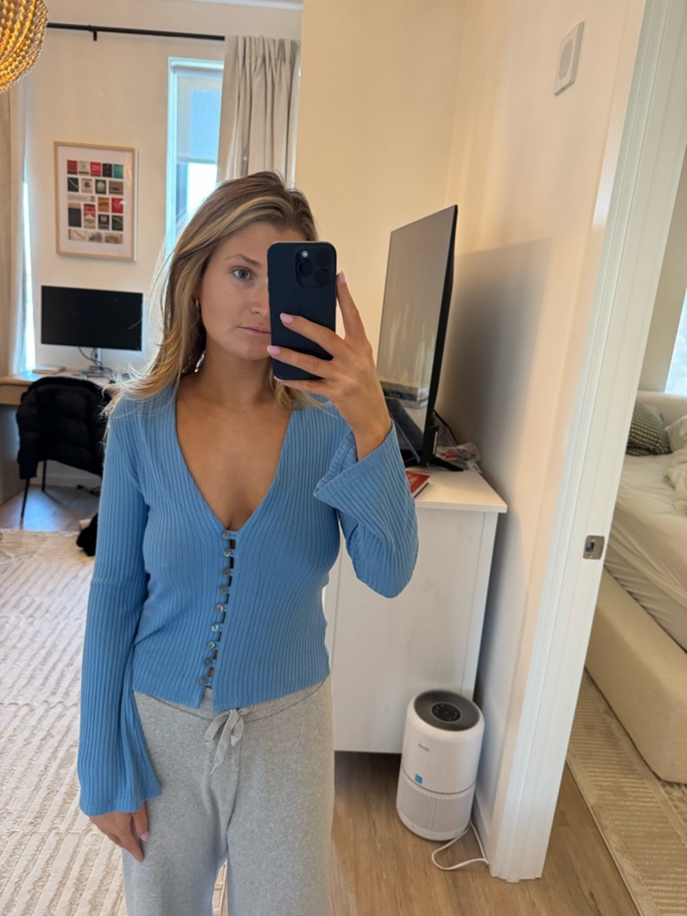 Reformation Soft Blue Ribbed V-Neck Button-Front Sweater